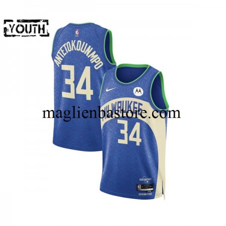 Maglia NBA Milwaukee Bucks Giannis Antetokounmpo 34 2023-2024 Nike City Edition Blu Swingman - Bambino